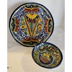 Vintage Talavera Mexico Hand-Painted Plate 11.5"D And Bowl 6"D